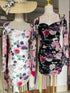 Mesh Floral Print Square Neckline Side Runched Mini Dresses